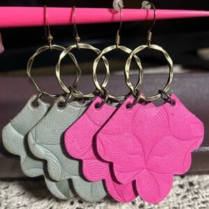 Pink and Green Handmade Leather Floral Earrings